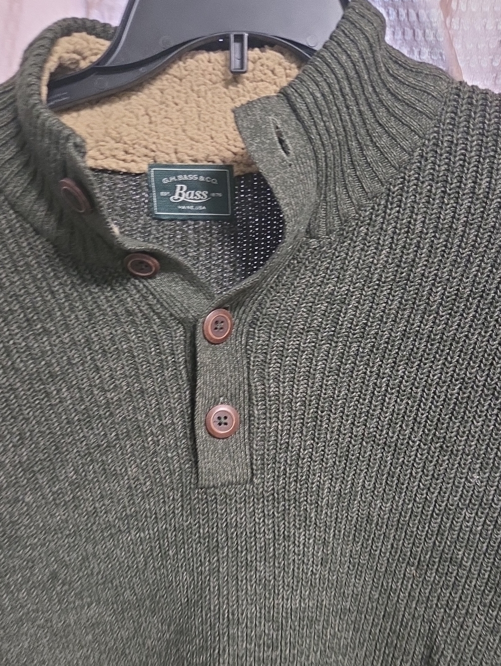 Bass Olive Green V-Neck Button Knit Sweater with Sherpa Trim, Sz XXL